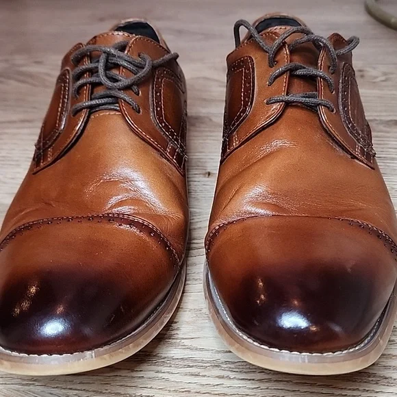 Stacy Adams Mens Dickinson Cap Toe Oxford Shoes Cognac Brown Roynd Toe Size 9W - Picture 2 of 11
